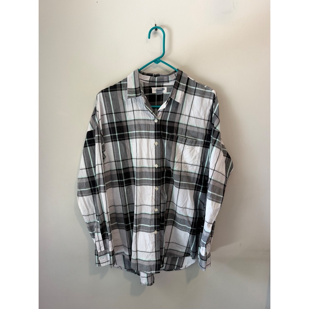Old Navy Boyfriend Plaid Button Down Shirt Black White Mint Green Large L